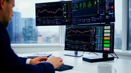 Trader Analyzing Stock Market Data on Multiple Monitors in Modern Office - Powered by Adobe