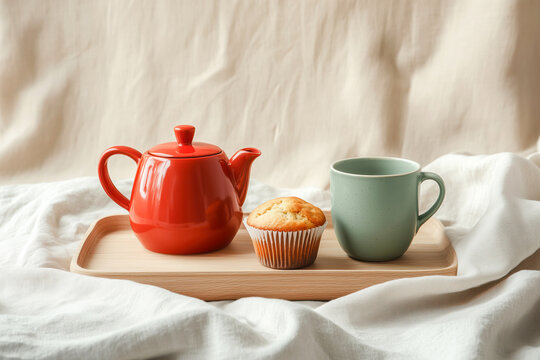 Cozy breakfast setup with a red ceramic teapot, green coffee mug, and a muffin on a wooden tray, arranged on soft white fabric in warm natural light - Powered by Adobe