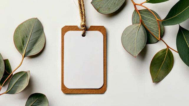 Blank Tag with Eucalyptus: A rustic, blank gift tag hangs from twine, nestled amongst fresh eucalyptus leaves, creating a minimalist and elegant design, perfect for branding or messaging.
