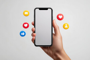 Hand holding a smartphone with a blank mock up screen surrounded by social media icons, perfect for app mockups, digital communication, interaction, and online engagement visuals