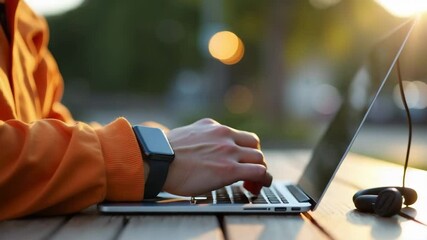 Outdoor laptop use showcases person typing on notebook computer outside on wooden table. Outdoor laptop use demonstrates connectivity and remote work in natural setting. - Powered by Adobe