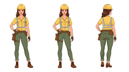 Beautiful female construction worker wearing various professional uniforms and safety equipment such as helmets, vests, and tool belts, standing confidently in different outfits. 