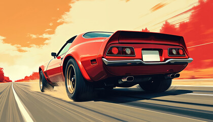 Fototapeta premium Red classic Japanese sports car in motion, kicking up dust on road with abstract fiery orange, red sky. Dynamic illustration captures speed, style, automotive culture. Features vintage vehicle with
