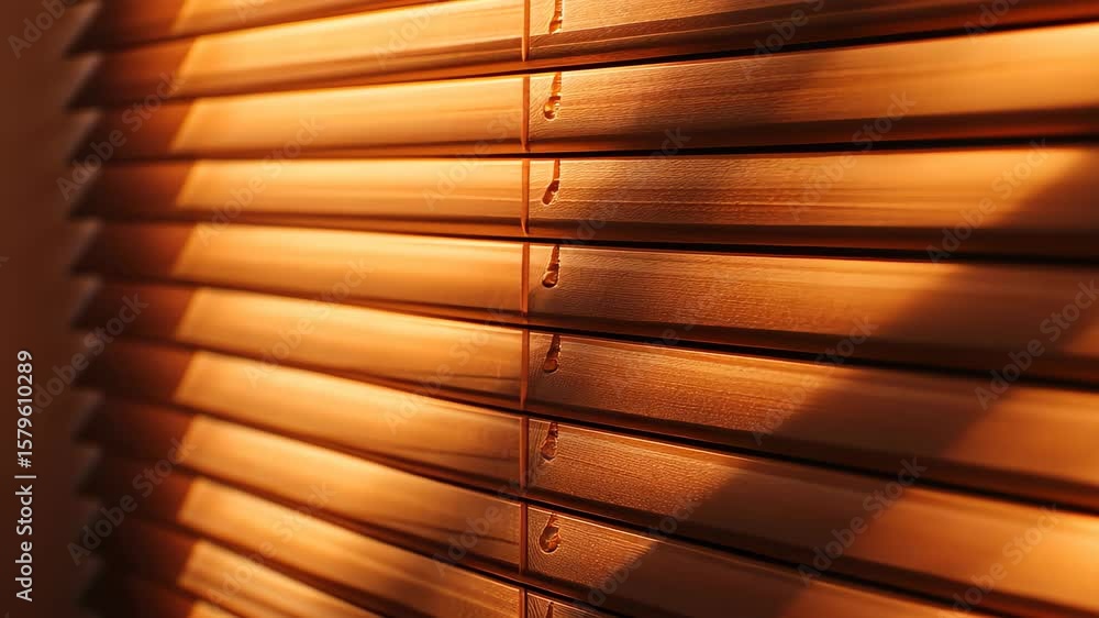 Poster wooden blinds and shadow play: warm sunlight filters through wooden blinds, casting intricate shadow
