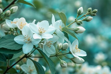 Obraz premium Jasmine white-turquoise flowers. Floral spring background. Close-up. 