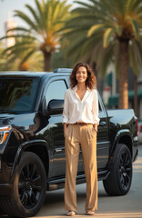 Elegant woman in white shirt, tan pants stands beside black SUV on palm tree lined street. Chic, contemporary outfit blends modern fashion with tropical urban backdrop, exuding confidence,