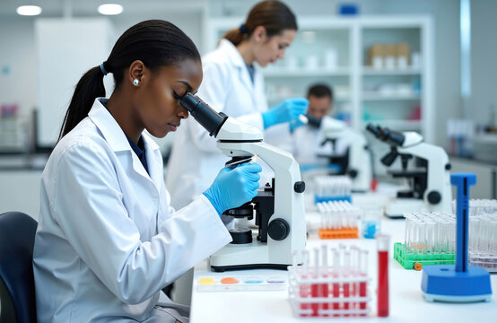 Black female scientist using microscope for DNA study in laboratory. Blood test, gene engineering, healthcare research. Biotechnology, virus analysis, vaccine development. Medical data, science, - Powered by Adobe