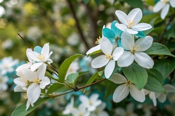 Fototapeta premium Jasmine white-turquoise flowers. Floral spring background. Close-up. 