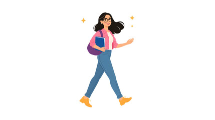 Vector illustration of a young woman student walking with a book and backpack, wearing casual clothes and glasses, isolated on white background.
