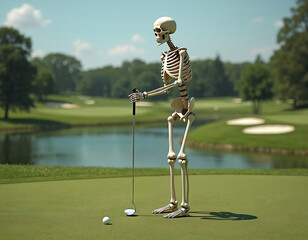 Skeleton golfer poised to putt on sunny green golf course. Humorous, ironic portrayal of death, sport. Features landscape, water, trees, clear blue sky with clouds. Perfect for sports humor,