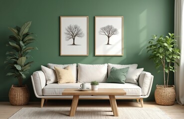 Modern Scandinavian living room interior features white sofa, wooden coffee table, two framed tree prints on green wall. Wicker baskets with houseplants add natural elements. Cozy rug, plush cushions