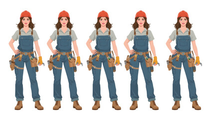 Beautiful female construction worker wearing various professional uniforms and safety equipment such as helmets, vests, and tool belts, standing confidently in different outfits. 