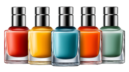 A vibrant collection of nail polish bottles in various colors isolated on transparent background, perfect for adding a touch of glamour to any manicure