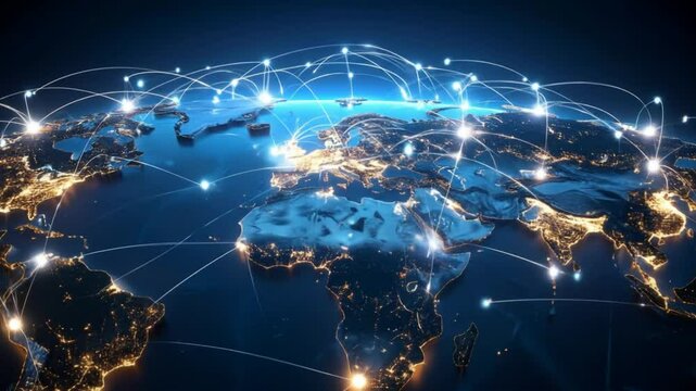 Glowing network lines overlay a world globe illuminated by city lights - Powered by Adobe