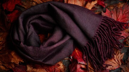 Obraz premium Soft burgundy cashmere scarf with fringe details and autumn leaves