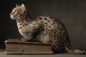 Naklejka premium Knowledge and mystery: the black-footed cat atop a giant book. Hunting habits. Exploring africa's smallest, most dangerous feline: the black-footed cat. Wild cats. Savannah hunters.