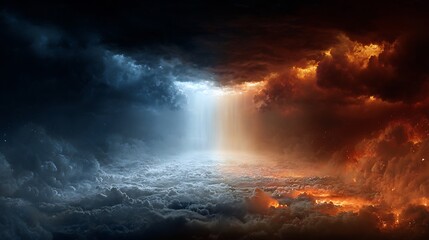 Naklejka premium Contrasting sky with dark blue and fiery red clouds, a beam of light shines.