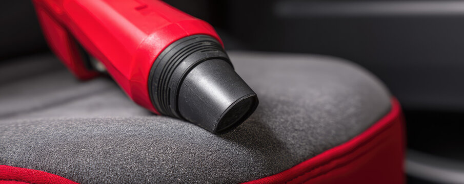 A red handheld vacuum is placed on car seat. Cleaning equipment, auto interior, close-up - Powered by Adobe
