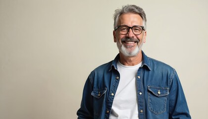 Friendly older man with gray hair and beard smiles warmly. He wears glasses and a denim shirt over a white t-shirt. The portrait is isolated on a light background with ample copy space for text.