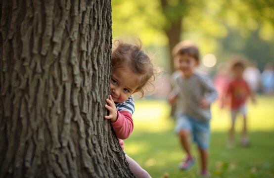 Young child peeking from behind a tree trunk while other kids play hide and seek in a sunny park. Laughing toddlers run across green grass on a summer day.