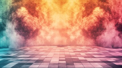 Colorful abstract smoke background with gradient floor. Vibrant empty stage, atmospheric and dramatic scene. Mosaic tiles, vivid light, geometric pattern, creative art concept, modern digital design.