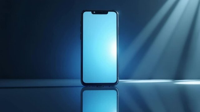 Smartphone mockup featuring glowing blue screen on reflective surface for product promotion. Smartphone mockup showcases blank blue display, illuminating surrounding area with cool light,