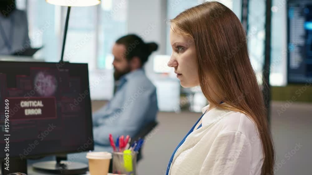 Poster female engineer in startup office struggling to fix critical error warning popup. intern doing maint