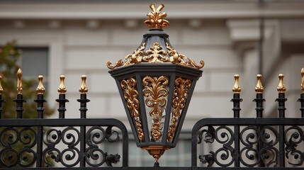 A beautifully ornate black and gold lantern adorns an elegant fence, showcasing intricate details and a classic design.