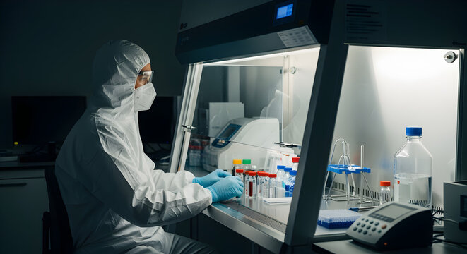 Scientist in hazmat suit working with infectious samples in laboratory