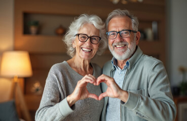 Smiling senior couple forming heart shape with hands. Elderly man, woman, married for years, show love, affection at home. Mature partners in happy retirement, enduring relationship, togetherness.