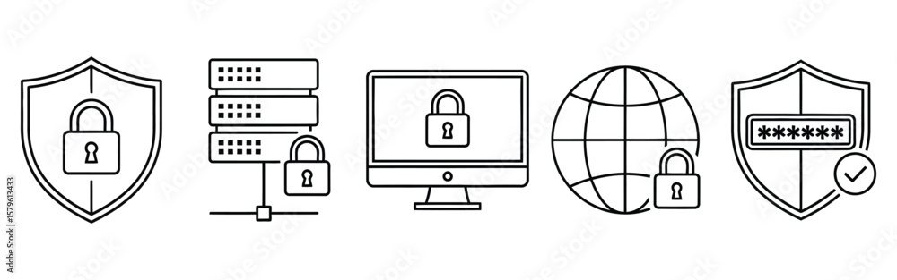 Poster data security concept shows protection with firewalls, servers, computers and networks offering priv