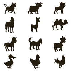Collection of farm and domestic animal silhouettes on a white background