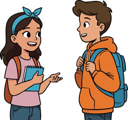 Two children talking happily with backpacks and casual clothes in friendly conversation vector illustration