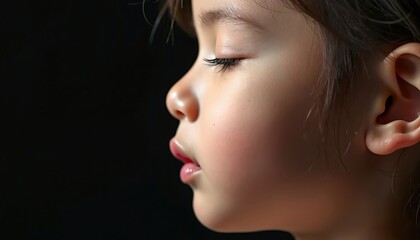 Fototapeta premium Close-up profile of peaceful young childs face against dark background. Soft features evoke innocence, serenity. Detailed eye, nose, lips show pure, gentle beauty. Perfect for concepts like