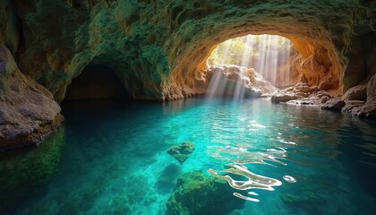 Sunlight streams into sea cave illuminating crystal clear turquoise water. Rocky formations line cave walls, underwater. Waves gently ripple on surface reflecting sunlight. Natural wonder, serene
