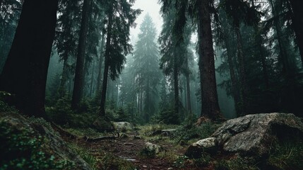 Obraz premium Scenic dense forest landscape with tall towe trees lush greenery rocks and misty atmosphere in nature exploration scene