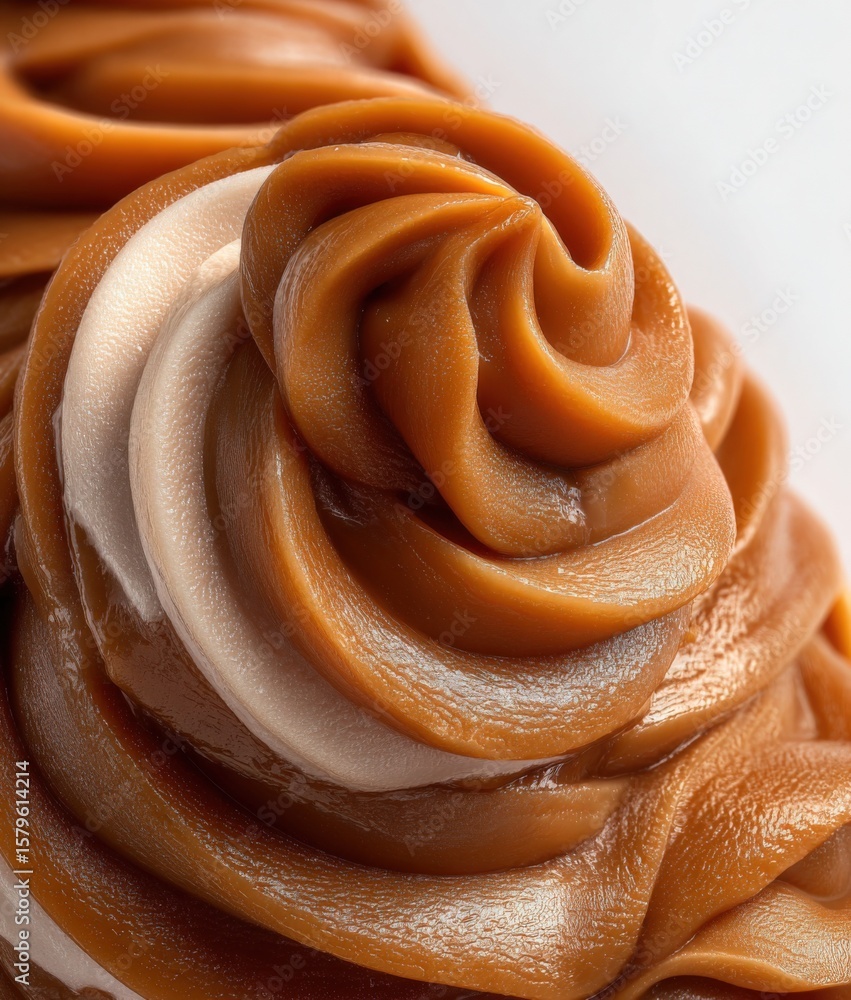 Poster close-up of a swirl of caramel and vanilla soft serve ice cream with glossy texture and smooth curve