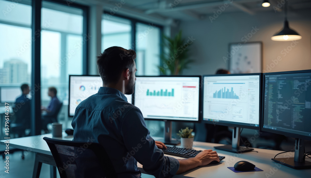 Poster data analyst works at modern office digital workspace analyzing charts on multiple computer screens.