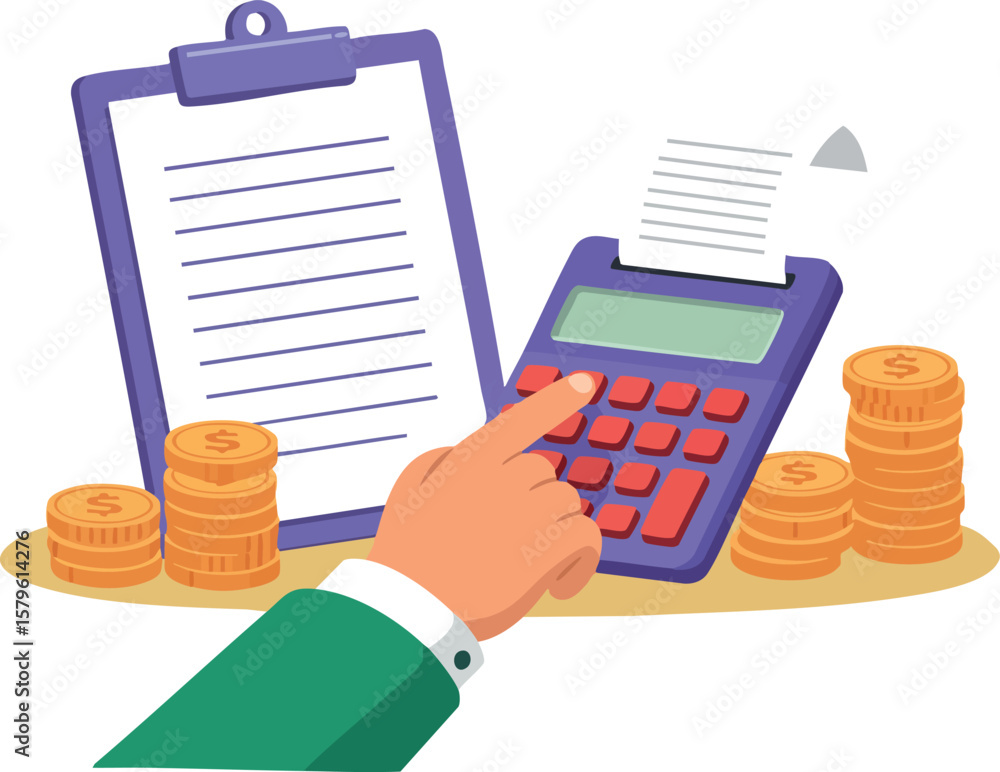 Poster financial calculation with calculator and clipboard showing money management and accounting process 