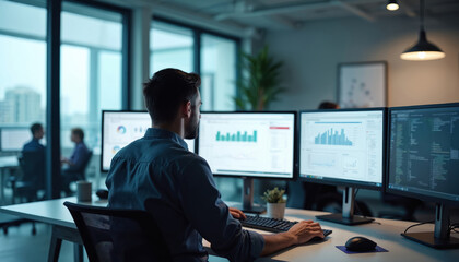 Data analyst works at modern office digital workspace analyzing charts on multiple computer screens. Focused view shows productivity, insights, and business intelligence in tech environment.