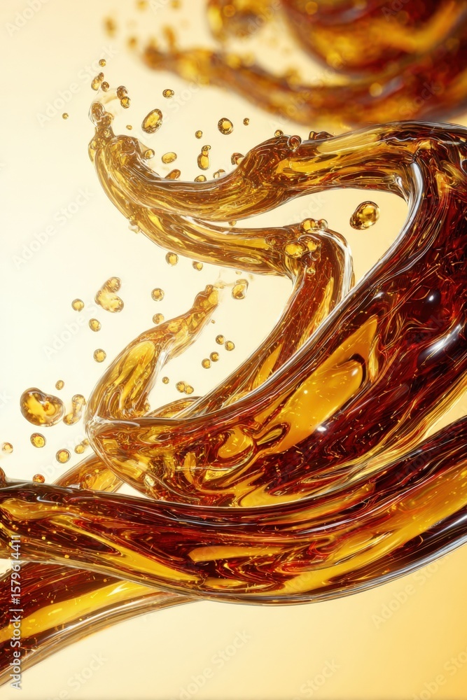 Poster close-up of swirling amber-colored liquid with dynamic splashes and bubbles, highlighting fluid moti