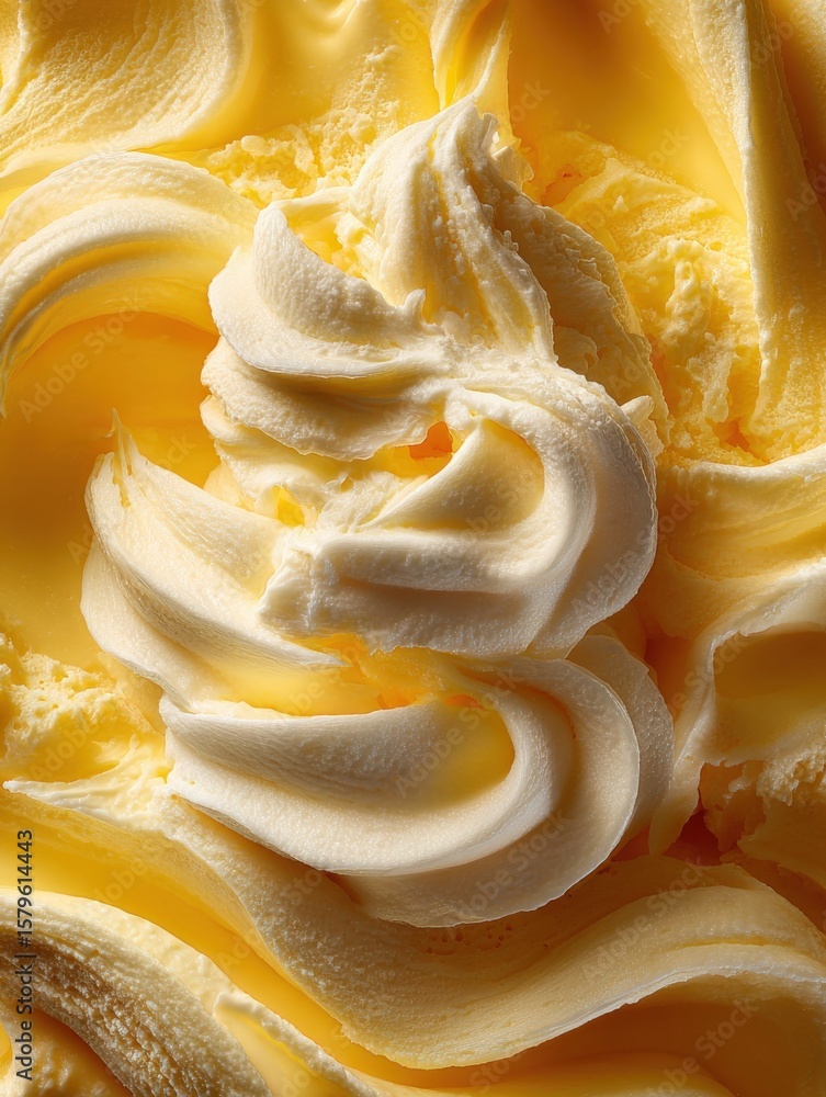 Poster close-up of creamy, smooth yellow butter and whipped cream with soft textures and swirled patterns, 