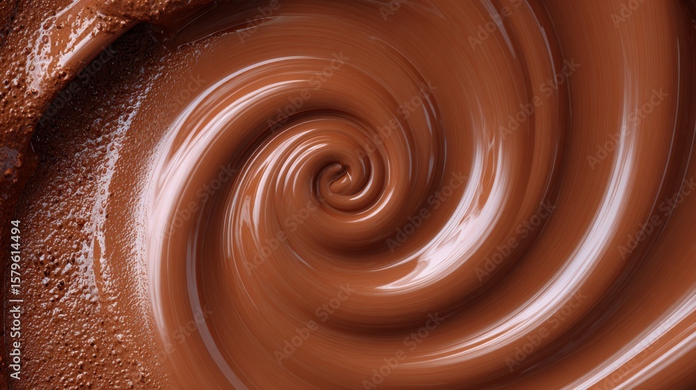 Poster close-up of swirling melted chocolate with smooth glossy texture creating a spiral pattern for culin