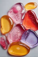 Close-up of colorful gel-like abstract shapes with bubbles and reflections in various shades of pink orange purple yellow and red on a light background