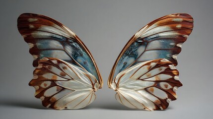 Close-up of elegant butterfly wings, brown and blue patterns, grey backdrop.