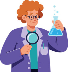 Scientist holding magnifying glass and blue liquid flask in laboratory coat vector illustration