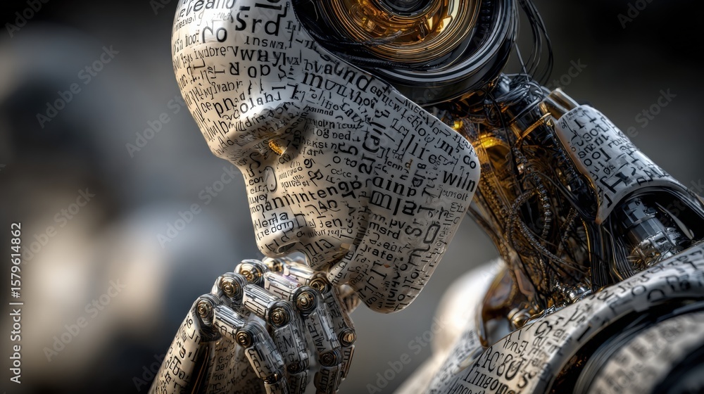Aufkleber highly detailed close-up of a humanoid robot head and arm covered in printed text and symbols, showi