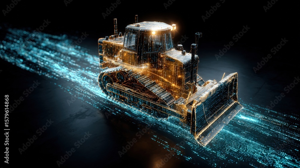 Poster futuristic construction excavator made of digital light particles with glowing effects and dynamic m