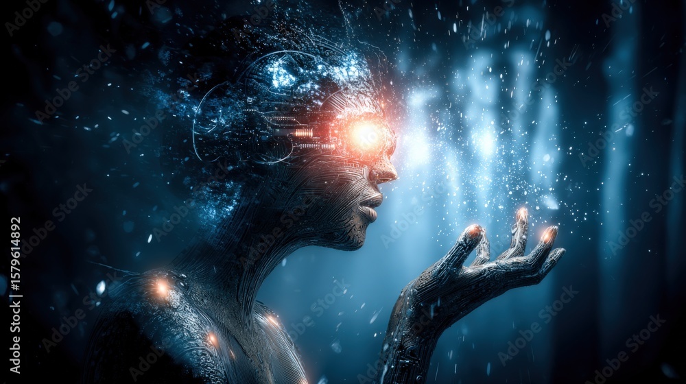 Poster futuristic human with glowing eye surrounded by digital data and abstract light effects representing