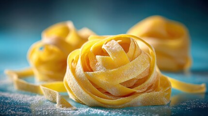 Close-up of freshly made uncooked Italian pasta s with a rustic background for Italian cuisine and culinary arts